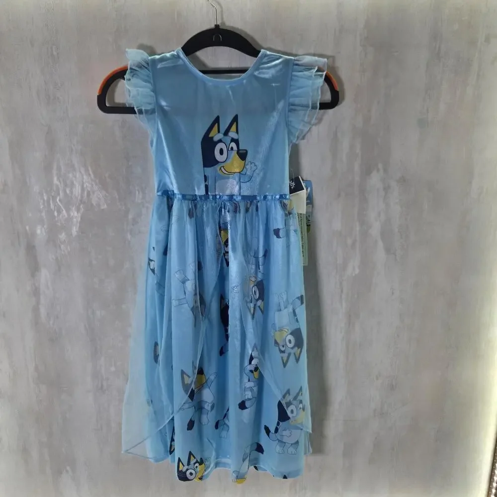 Bluey Gown Girls S 6/6X Blue Tulle Nightgown Flame Resistant Cartoon Sleepwear